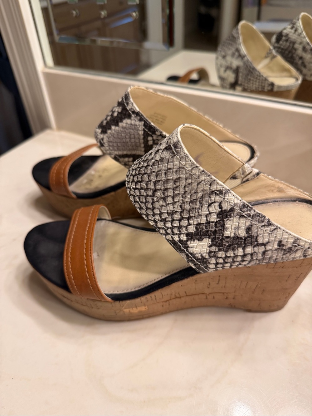 Wedge Sandals with Snake-Print Ankle Strap and Tan Toe Band